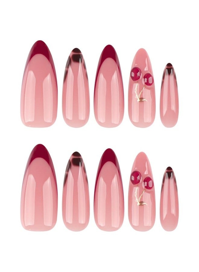 Maigitur Medium Press on Nails Almond Fake Nails with 5D Cherry Charm Design Glossy Dark Red French Tip Nails Press Ons Brown Leopard Glue on Nails Reusable Full Cover Pink Stick on Nails for Women 24Pcs - Image 4
